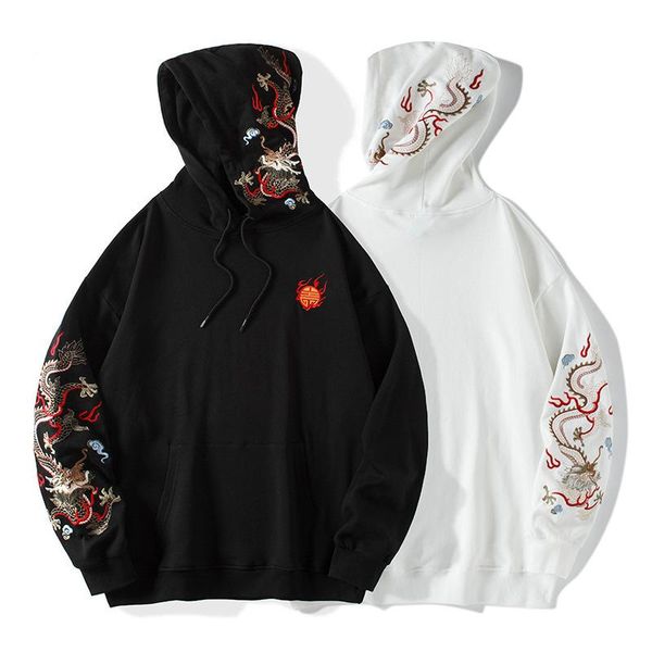 

men's hoodies & sweatshirts embroidered loose cotton hoodie retro, Black