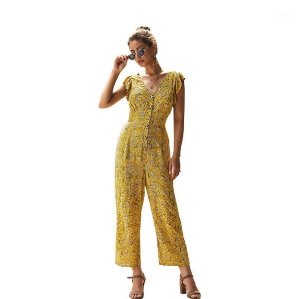 Jumpsuits das Mulheres Macacões Verão Flores Quebradas Casual Jumpsuit Straight Mulheres Manga Borboleta V Neck Ruffles Botão de Linha Única Chiffon O