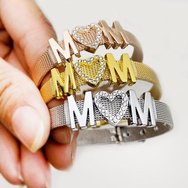 Bangle Heart Mom Satir Band Band Best Buckle Braceletes de Aço Inoxidável Malha Corrente Diy Dia das Mães Presentes Mão Strap jóias para mulheres