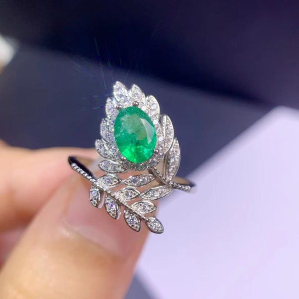 

cluster rings colife jewelry fashion silver leaf ring with emerald 5mm*7mm natural for party 925, Golden;silver