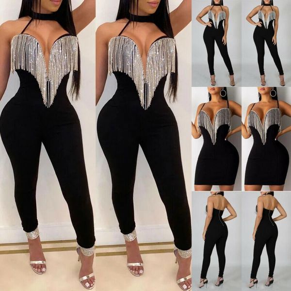 

women tassle jumpsuit rompers sleeveless pants playsuit party clubwear trousers outfit, Black;white