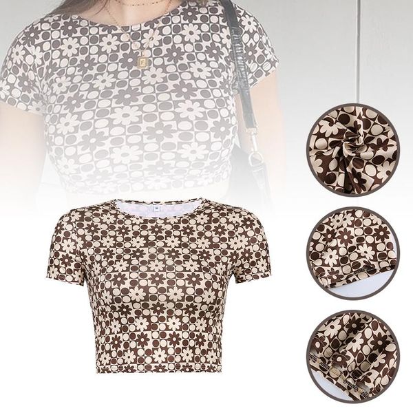 

women's t-shirt slim open navel round neck short sleeves retro summer contrast printing goth tee for daily club aic88, White