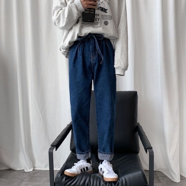 

2021 new send belt men's stretch slim fit casual cargo pocket jeans haren pants male biker denim blue color trousers s-xl l67z
