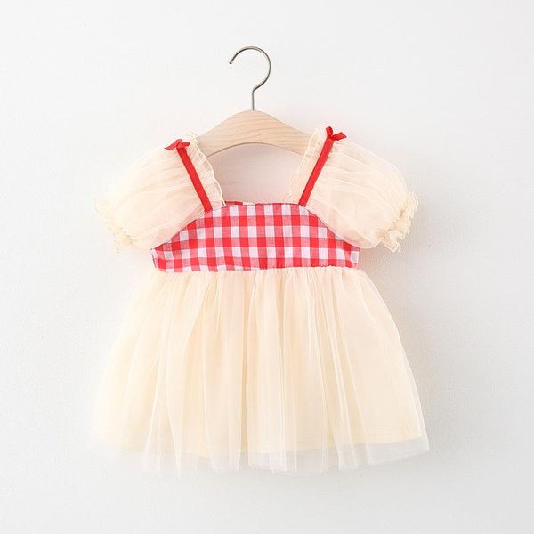 

girl's dresses 2021 summer plaid short sleeve princess dress for girls, Red;yellow