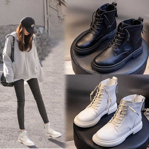 

leather martin boots 2021 autumn winter leather thick soled short women's casual shoes versatile plush heel, Black