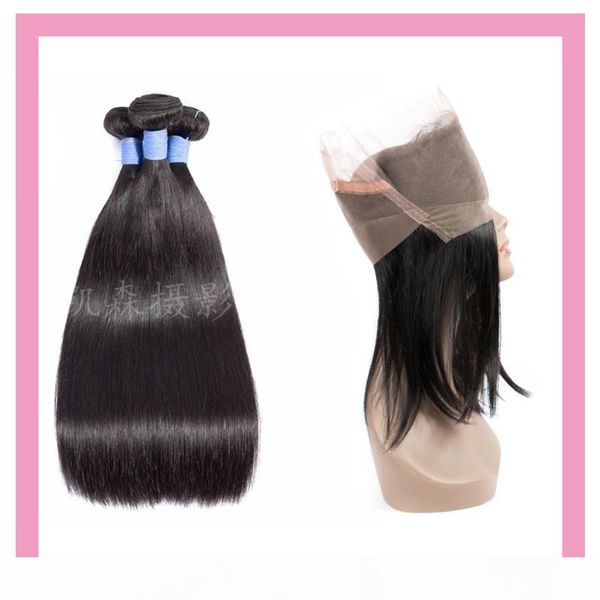 

brazilian virgin hair extensions 3 bundles with 360 lace frontal straight 100% human hair wefts with 360 frontal pre plucked natural color, Black;brown