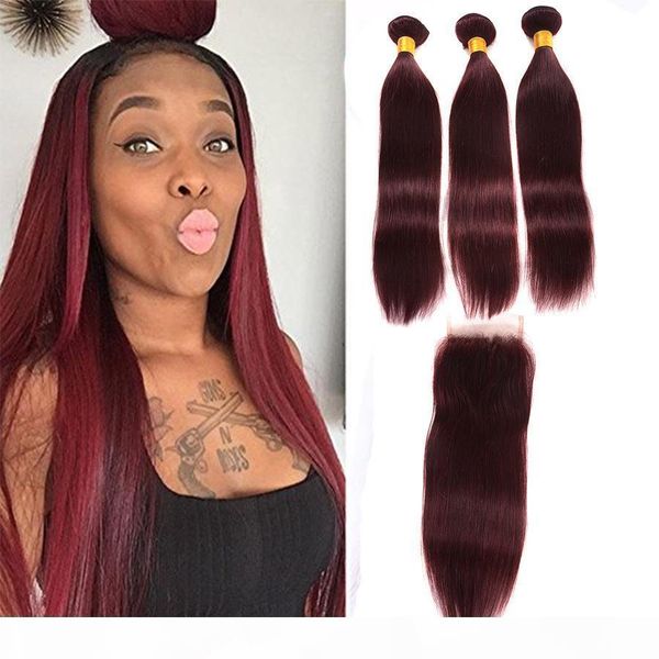 

peruvian 10a 99j burgundy straight hair bundles with lace closure two tone wine red virgin hair weaves with 4*4 closure, Black;brown