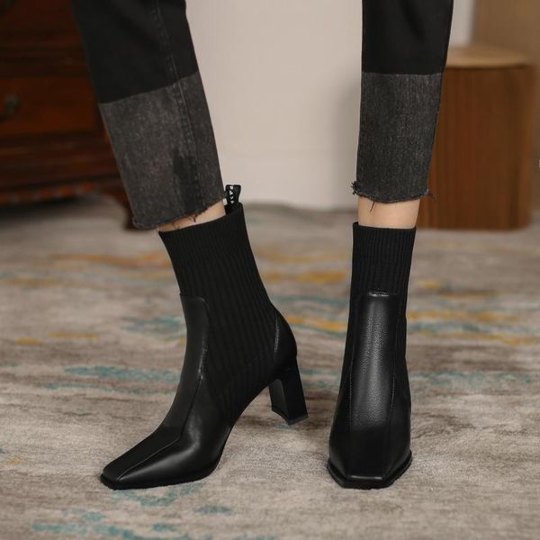 

boots 2021 winter high-end customized first layer cowhide simple style mid-heel women's, Black