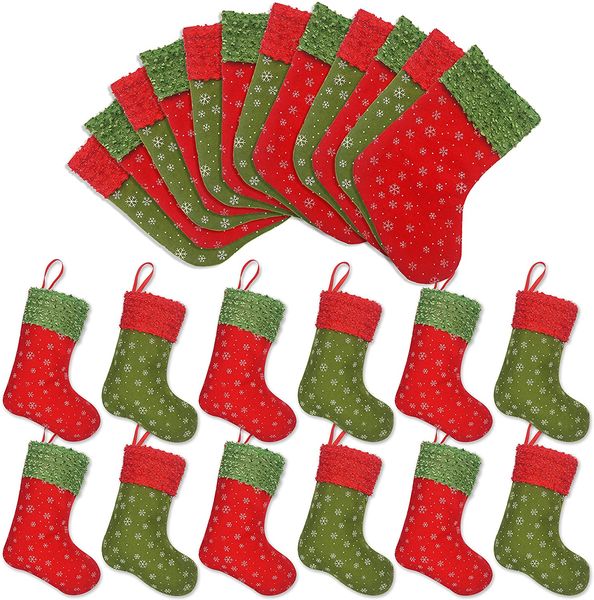 

12 pcs pack christmas mini stockings 9 inches felt with snowflake printed holders bulk treats for neighbors kids small rustic red xmas tree