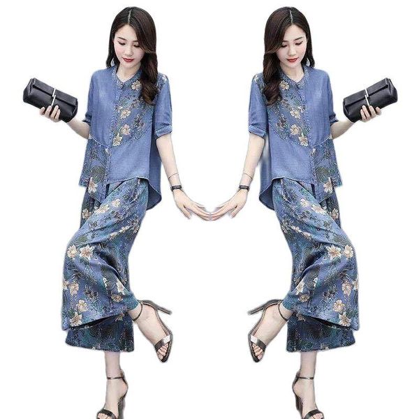 

women's two piece pants 2pcs denim suit summer thin short-sleeved + 2 set loose printing casual lady two-piece, White