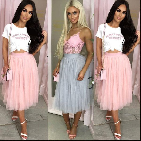 

tulle mesh elastic womens skirt high waist layers pleated midi long, Black