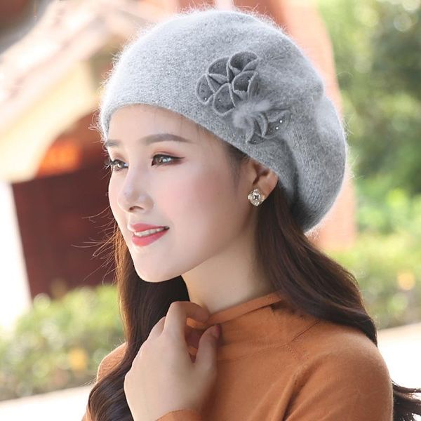 

berets women beret angora knit hat winter warm headwear flower casual soft double layers thermal snow outdoor accessory, Blue;gray