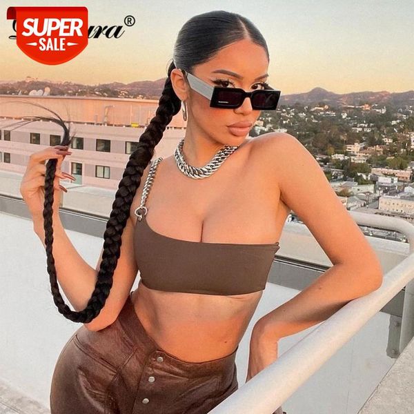 

dulzura solid women one shoulder crop chain strap bodycon streetwear party club 2021 summer cute festival clothing #nw3c, White