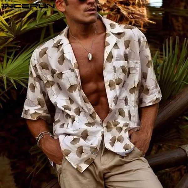 

men short sleeve lapel camisa leisure pockets blouse incerun 2021 summer hawaiian beach printed shirts man button floral chemise, White;black