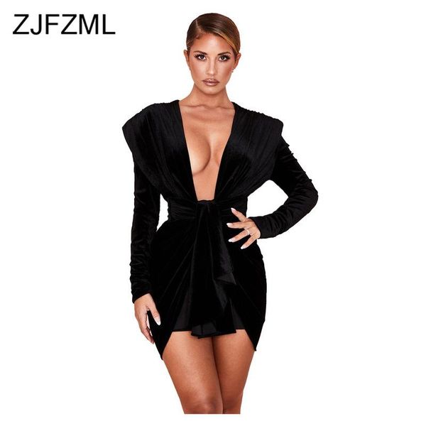 

casual dresses deep v-neck club women party night solid tie up mini wrap dress 2021 autumn winter long sleeve bodycon velvet, Black;gray
