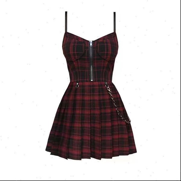 

summer 2021 gothic girls strap dress high waist zipper up pleated plaid vestidos women sleeveless short mini dresses, Black;gray