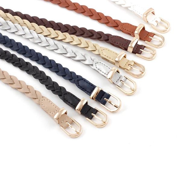

belts women's pu leather braided dress belt fashion causal waistband golden pin buckle 1.2cm thin 110cm length, Black;brown