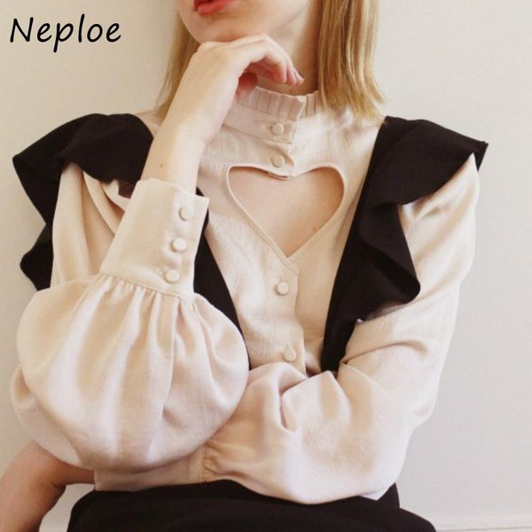

neploe 2021 autumn new love heart hollow out shirt stand collar lantern sleeve women blouse sweet cute femme blusas 1g486, White