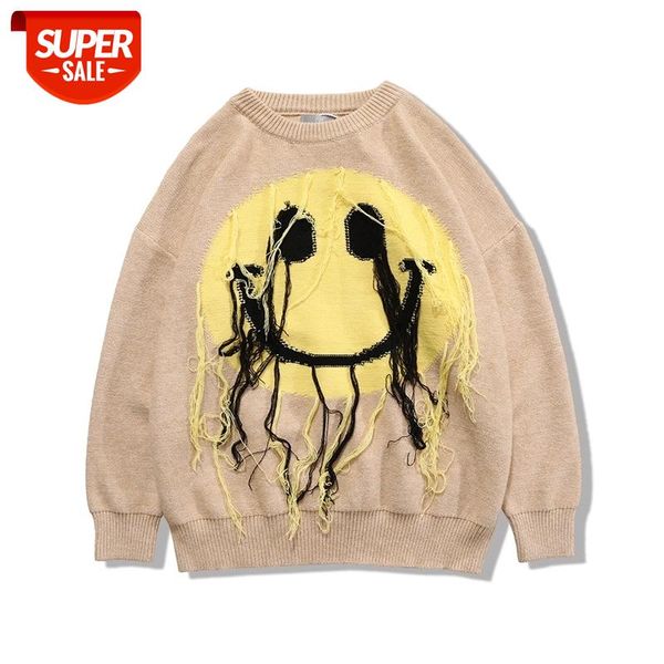 

japanese smiley tassel sweater men and women loose oversize pullover harajuku casual sweaters kintted high street fringe clothes #bn2p, White;black