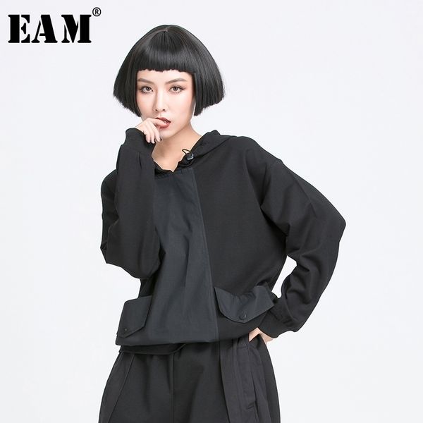 

[eam] women black pocket split joint drawstring big size t-shirt new hooded long sleeve fashion tide spring autumn 2021 1y772 210315, White