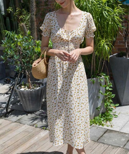 

party dresses latest fashion ladies flower print short puff sleeve square collar midi casual dress with drawstring & gathered waist, White;black