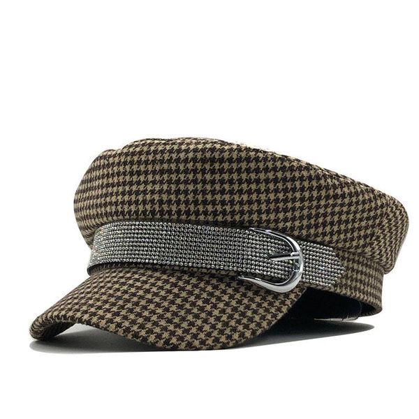 

berets women black military hats autumn winter fashion wool pearl leather patchwork sboy caps with belt female gorras, Blue;gray