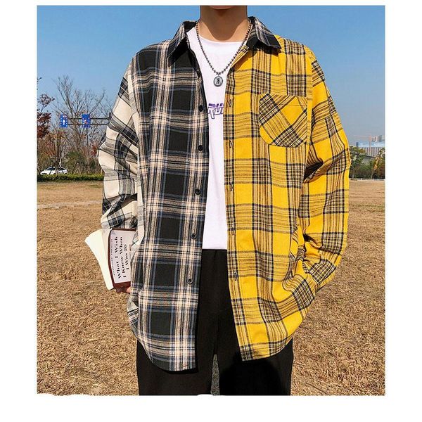 

men's casual shirts mens dress korean plaid for men fashion patchwork long sleeve hip hop streetwear man, White;black