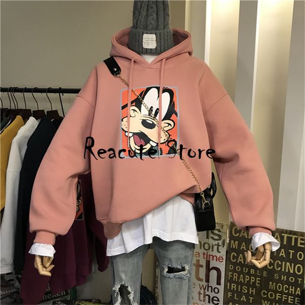 

hoodie winter women's hooded cartoon print fleeced sweatshirt thick sherpa lined coat pullovers street mglh, Black