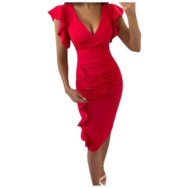 

casual dresses 2021 fashion womens party club formal evening gown ruffles v neck short sleeves comfy bodycon dress women plus size, Black;gray