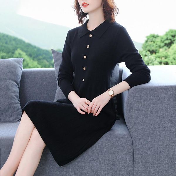 

casual dresses autumn winter turn-down collar sweater women basic warm black a-line pleated maix dress female knitted clothes, Black;gray