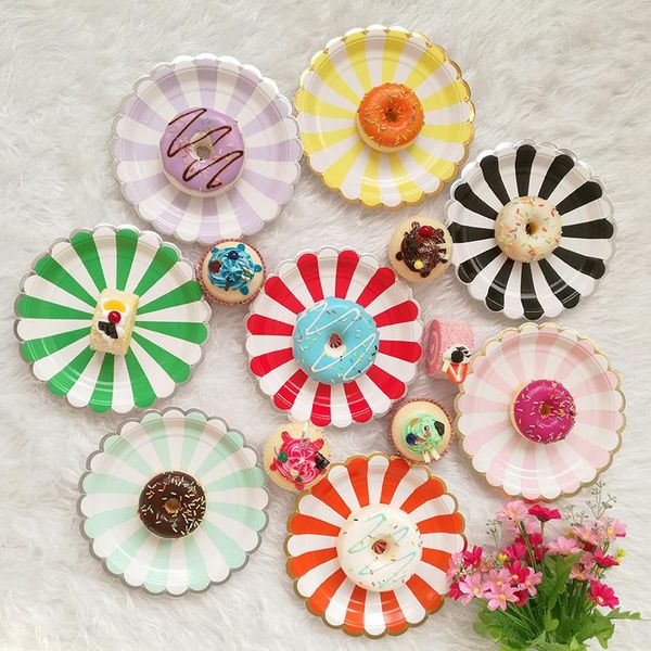 

disposable dinnerware 8pc paper plates bronzing silver striped birthday party decor fruit plate cake tray tableware supplies