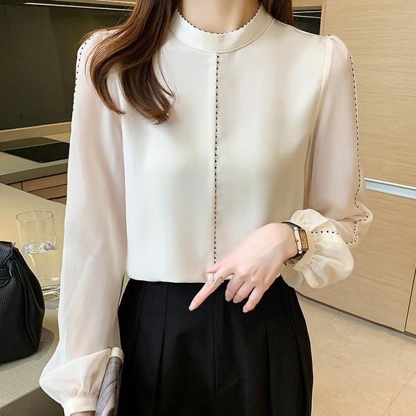 

women's blouses & shirts chiffon shirt female stand collar white long sleeve 2021 autumn french mujer blusas elegantes women 2045