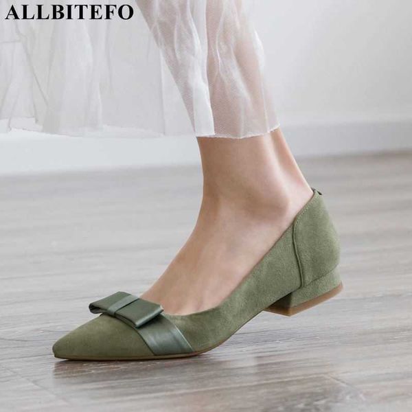 

allbitefo sweet bowtie genuine leather thick heels comfortable office ladies shoes women high heel shoes women heel 210611, Black