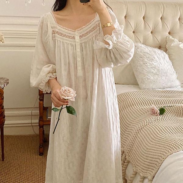 Pijamas femininos de puro algodão vintage camisolas femininas primavera outono mangas compridas vestido de noite longo vitoriano romântico princesa uso doméstico