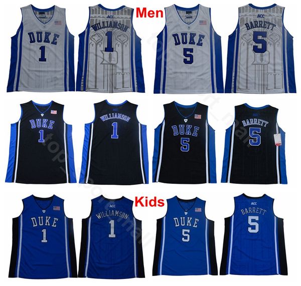 

men youth college 1 zion williamson jerseys duke blue devils kids basketball 5 rj barrett jersey black white university man children