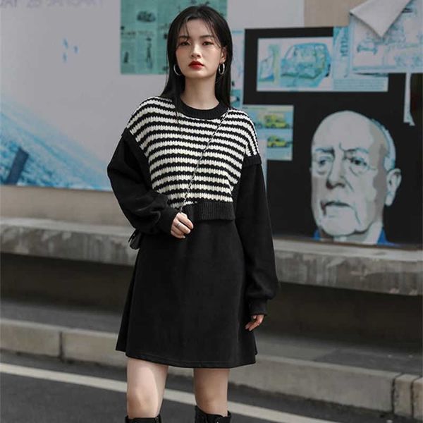 

knitted drs female autumn winter 2021 temperament medium long striped sweater fake two-piece bottomed skirt fashion, Black;gray