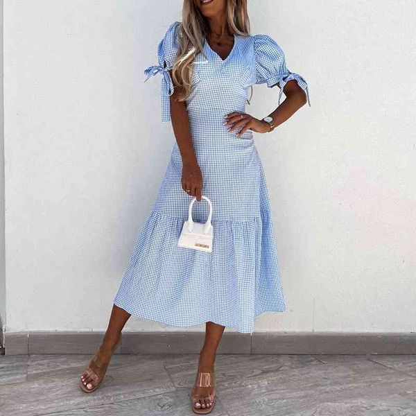 

casual dresses v neck plaid office a line dress women puff short sleeve bandage high waist long female vestidos summer fsij, Black;gray