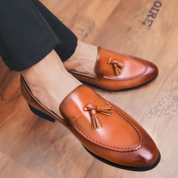 

dress shoes 2021 luxury men tassel loafers pu leather formal elegant shoe simple slip on man flats footwear, Black