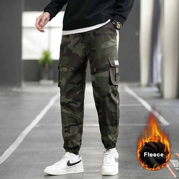 

men's pants winter thick warm fleece cargo men 2021 streetwear camouflage joggers male casual cotton thermal trousers 6xl 7xl 8xl, Black