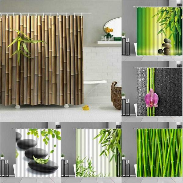 Plantas de bambu verde folha cortinas de chuveiro zen pedra paisagem para casa banheiro decoração impermeável cortina fundo pano 211116