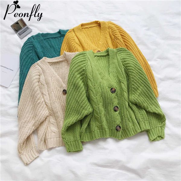 

peonfly korean style knitted sweater cardigans women long sleeve single breaster female cardigan solid sweaters sueter mujer 210714, White;black