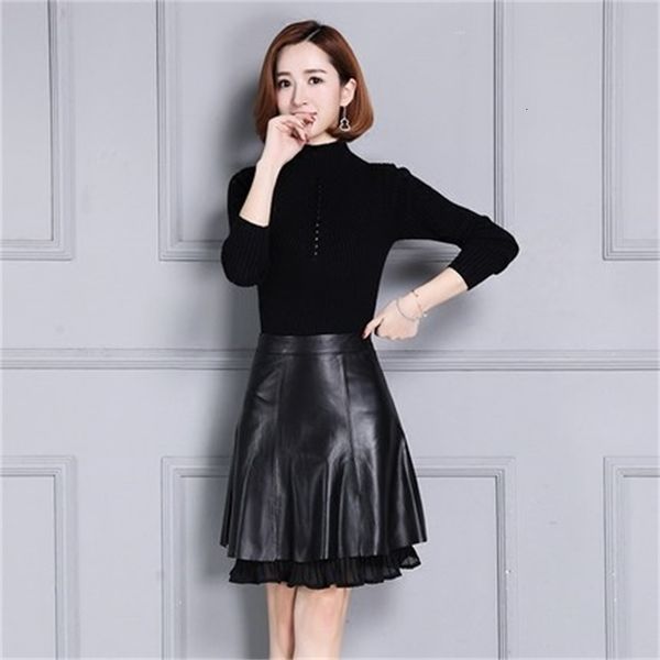 

new printed leather skirt sheep skin k103-1 8flw, Black