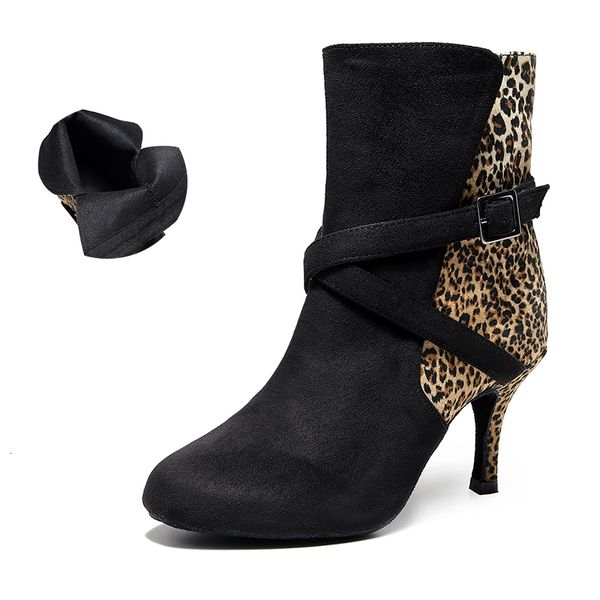 

2021 new woman spilcing ballroom boots leopard ankle latin dance girls high heel salsa dancing shoes for party 3vca hkbt, Black