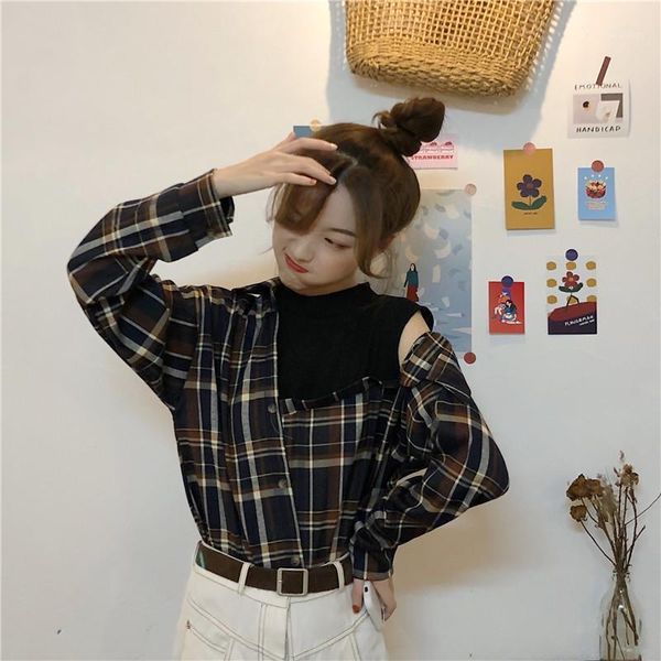 

womens and blouses turn-down collar patchwork button korean fashion clothing blusas mujer de moda streetwear style fall women's & shir, White