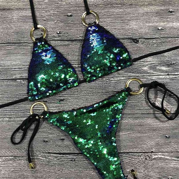 Solid Bikini Sexy Swimsuit Halter Swimwear Banhando Terno Mulheres Bling Sequin Set Wear Drop Drop Monokini Glitter 210611