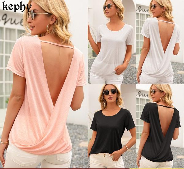 

women's t-shirt 2021 summer backless hollow round neck short sleeve women all neon store clothes t shirt for, White