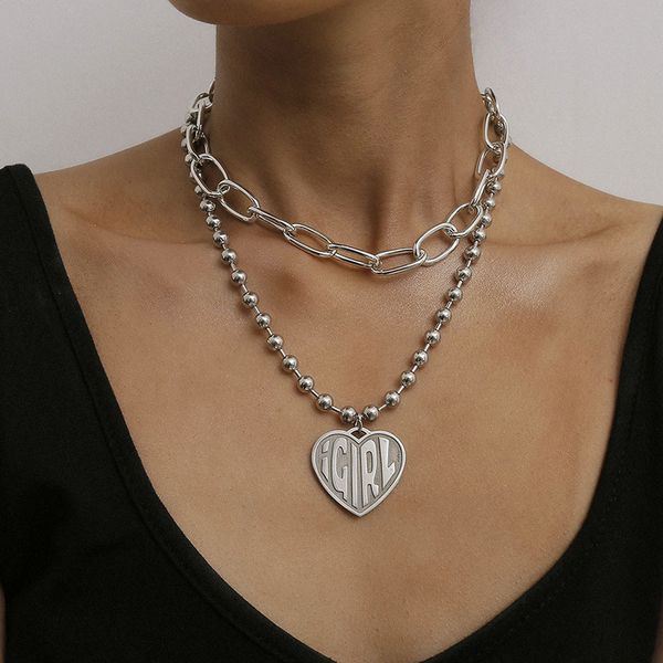 

geometric iron bead letter girl pendant necklaces cross chains street style peach heart hip hop cuban punk retro personality multi-layer lig, Silver