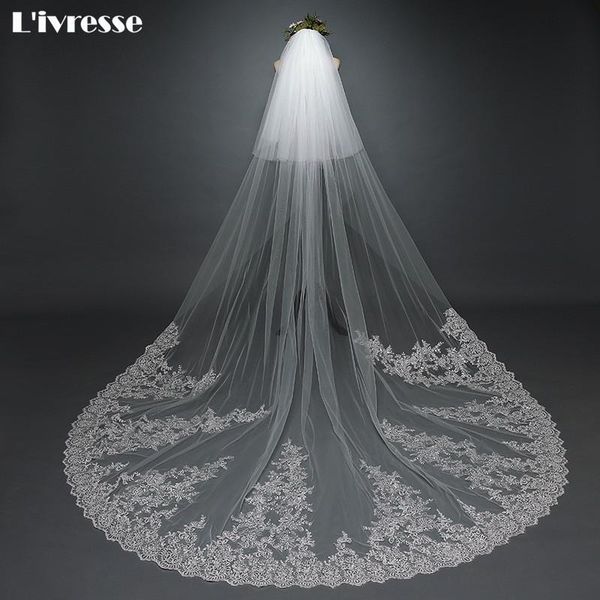 

bridal veils foto real bling appliques edge cathedral wedding veil with comb 2 layer veu de noiva longo com renda 3 metros, Black