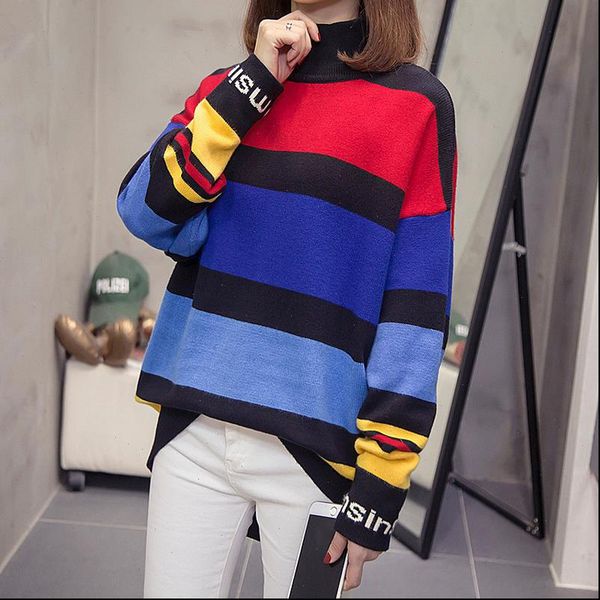 

new 2021 autumn winter sweater for women street casual knitting pullovers loose size striped long sleeve korean style, White;black