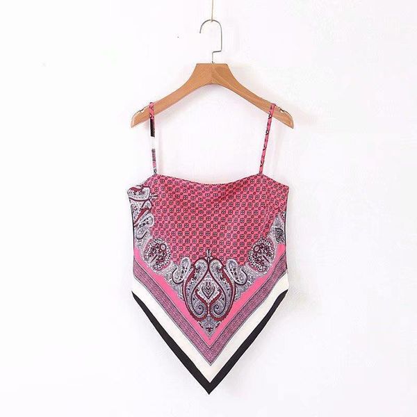 

2021 new women vintage position geometric print casual sling blouse ladies spaghetti strap shirts back bowknot retro ls4076, White